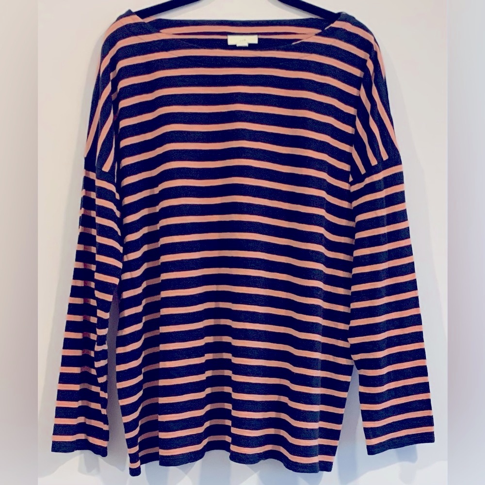 NWT, J. Jill - Navy & Coral Striped, Long Sleeve, Cotton, Dolman Shirt, Sz Large